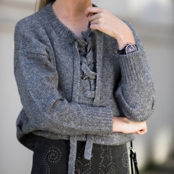 ZARA Knit Chunky Mohair & Wool Blend Front Tie Lace Up Sweater in Oatmeal Small - Picture 1 of 9
